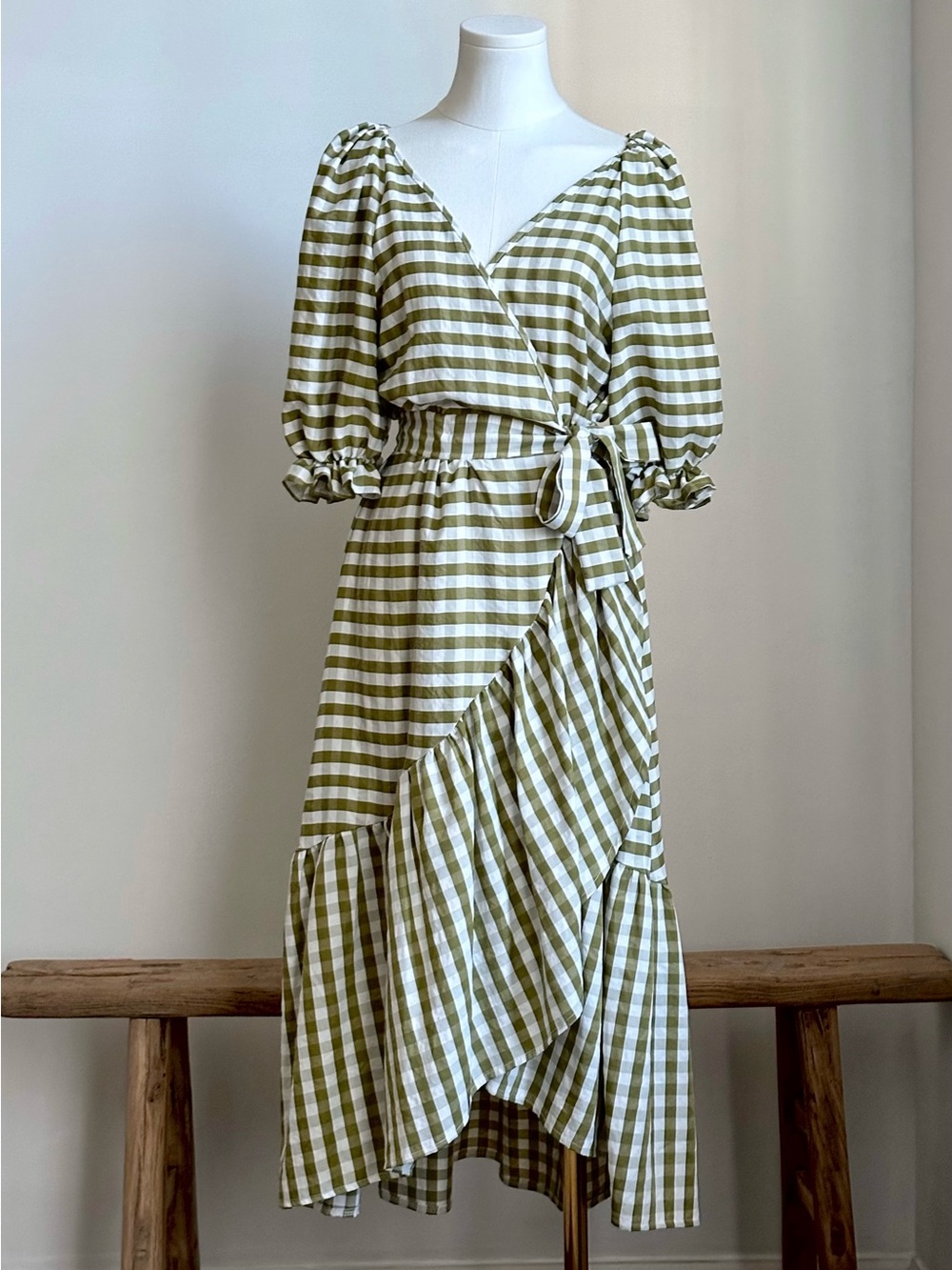Olive Green & White Gingham Wrap Midi Dress Size S – New Without Tags